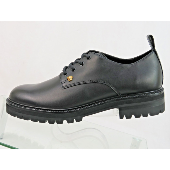 NIB VERSACE BLACK LEATHER GOLD MEDUSA LOGO DERBY LUG SOLE OXFORDS 44 11 main image 11